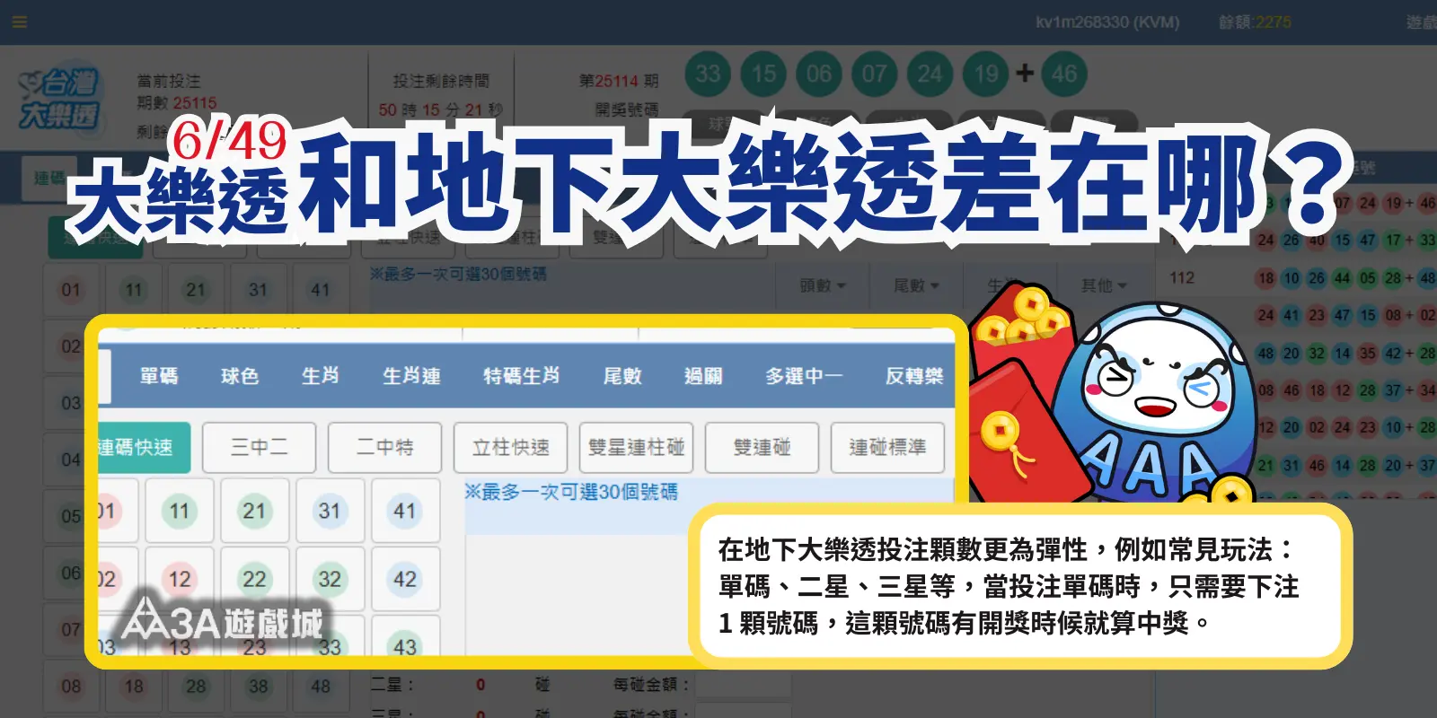 大樂透與地下大樂透玩法差異比較圖，顯示地下玩法投注彈性與常見選項。