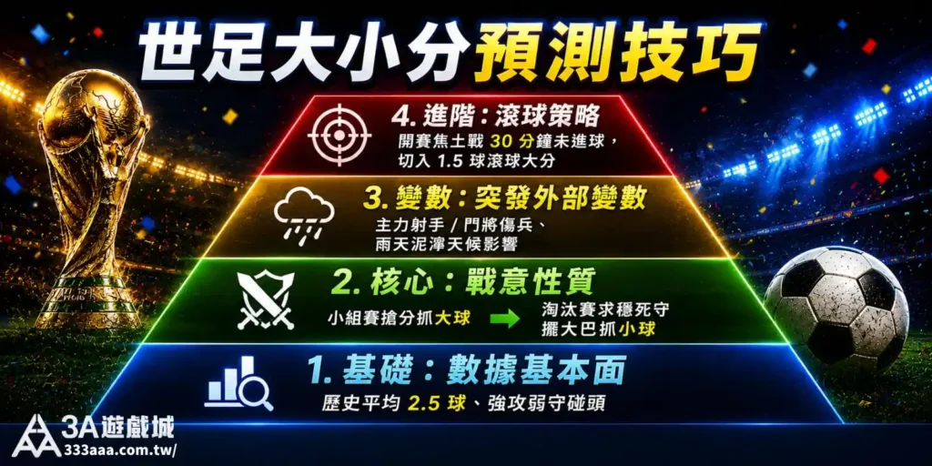 世足大小分預測技巧圖解，從數據基本面到滾球策略，掌握世界盃運彩大小分的進階思維。