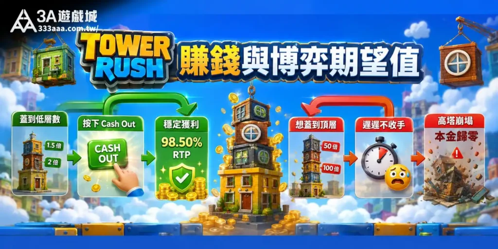 Tower rush 賺錢與博弈期望值說明圖，詳細呈現Tower rush 蓋房子玩法中，蓋到低層數按下Cash Out穩定獲利達98.50% RTP，以及遲遲不收手導致高塔崩場本金歸零的風險對比圖。