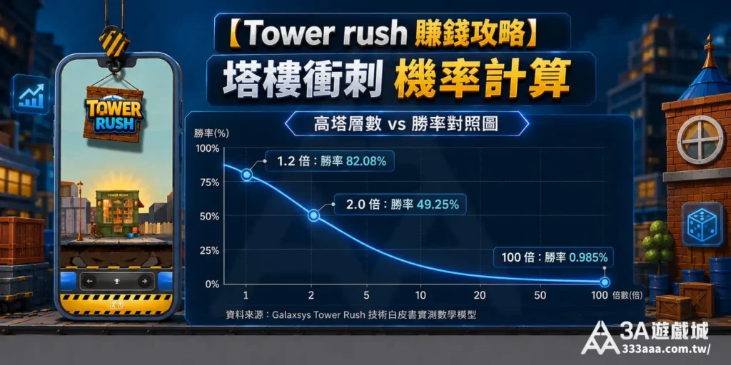塔樓衝刺機率計算圖解：標示出 1.2 倍、2.0 倍至 100 倍的理論過關機率