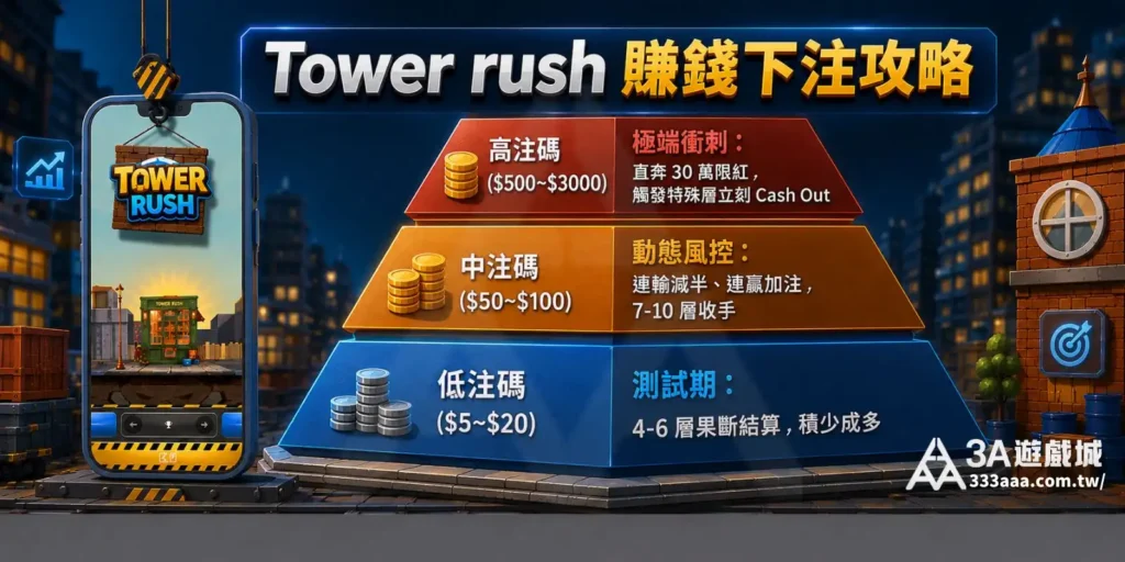 Tower rush 賺錢下注攻略 - 將投注策略劃分為低注碼測試期、中注碼動態風控以及高注碼